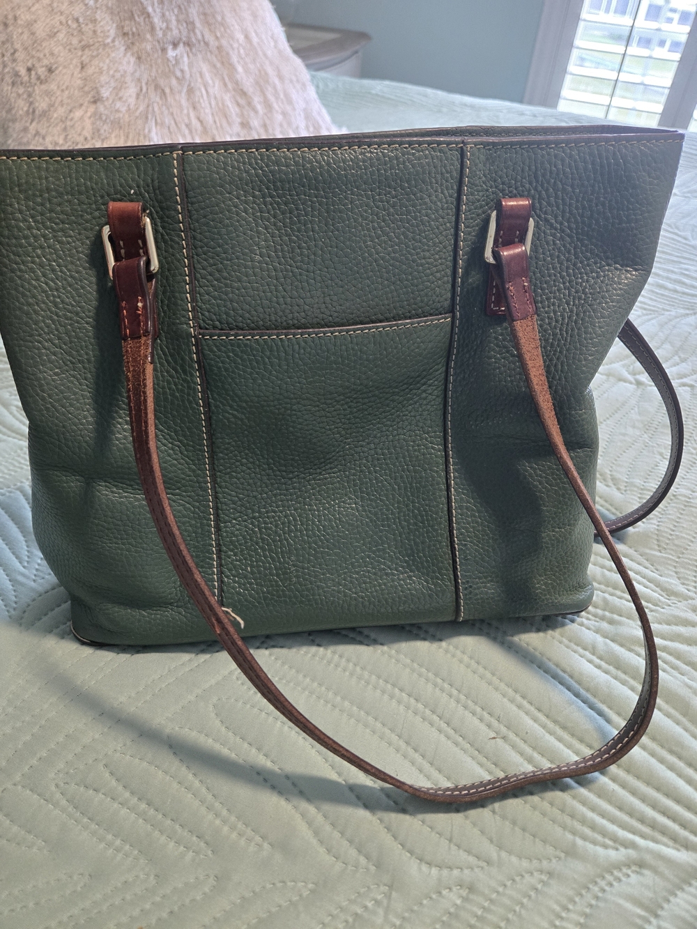 Dooney & Bourke Green Leather Tote with Brown Straps - Picture 2 of 3